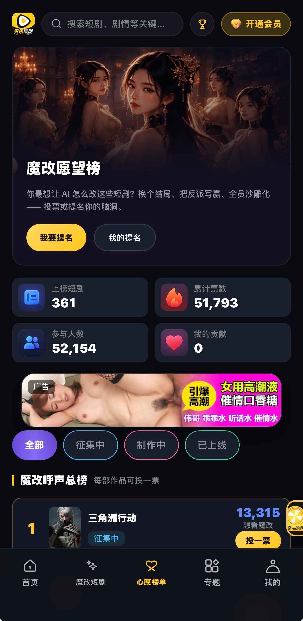 心愿榜错落图：361上榜、51793票、52154人